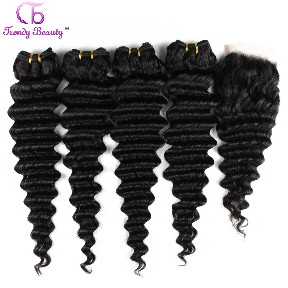 

Trendy Beauty Brazilian Deep Wave 4 Bundles With Closure Human Hair Bundles With Closure Natural Black Color Non-remy 5 pcs