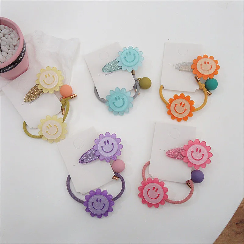 

1 Pair Korean Sweet Cute Colorful Sun Flower Smiley Hair Rope Hairpins Child Hair Accessory Set Fashion Beautiful Girl Headwear