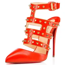 Shofoo Frauen leder Punkt Zehe Nieten Warenkorb Heraus Rote Untere Hohe Absätze Slingback Sandalen Pumpen Frauen Schuhe Plus Größe 44