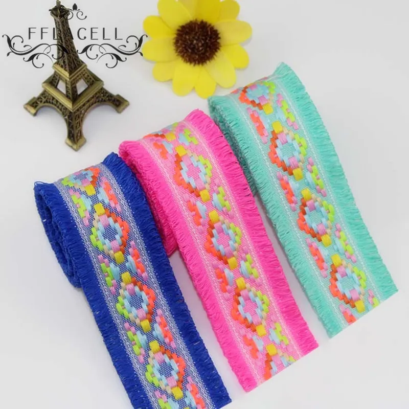 

FFLACELL 1 Yard Multicolor National Embroidered Lace Fabric short tassel ribbon fringe lace trimming Sewing Accessories