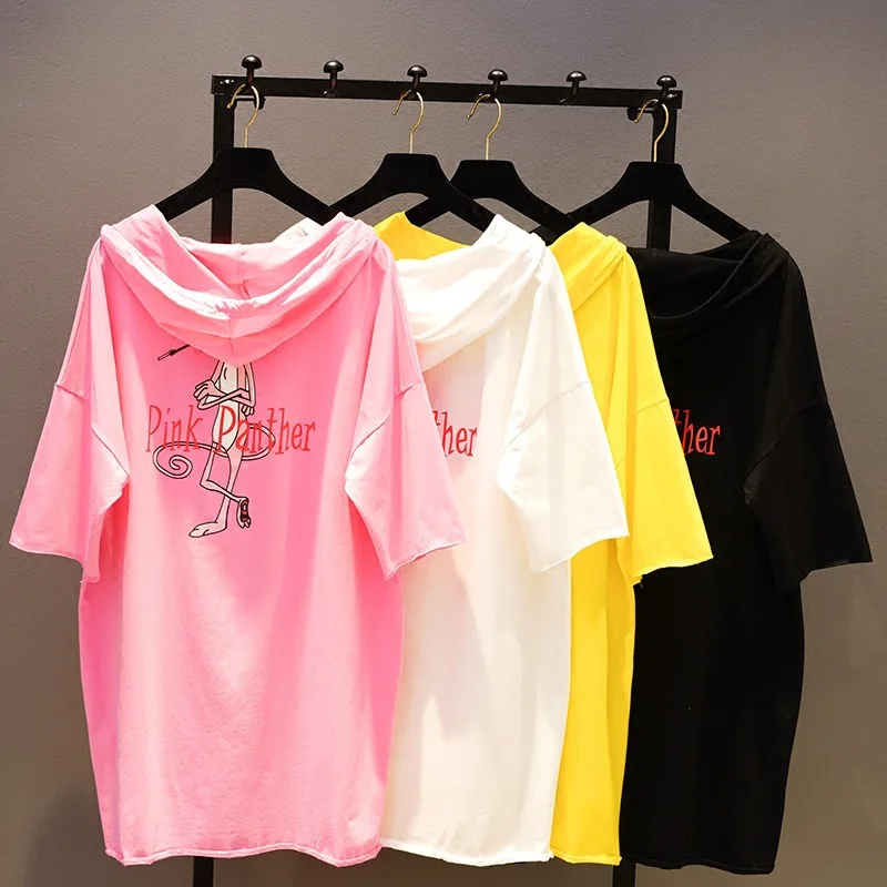 

New Summer Fashion Loose Women Pullovers Tops Medium-long Cartoon Letter Short Sleeve Hooded Tshirts All-match Students T-shirts