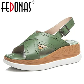 

FEDONAS 2021 Summer New Fashion Solid Women Sandals Genuine Leather Wedges Shoes Woman Buckle Platforms Casual Party Basic Shoes