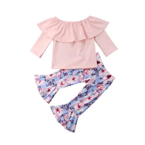 

Autumn Baby Girls Toddler Pink Ruffle T-shirt Tops+Pants Trousers 2PCS Outfits