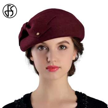 

FS Winter Hats 100% Wool French Cap With Bowknot Lady Girl Red Black Vintage Artist Berets Caps For Women Beret Chapeau Femme
