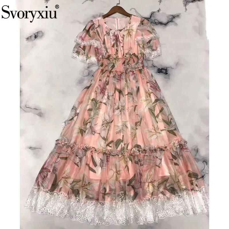 

Svoryxiu Runway Designer Summer Party Maxi Dress Women's Elegant lily Flower Printed Patchwork White Lace Long Dress Vestdios