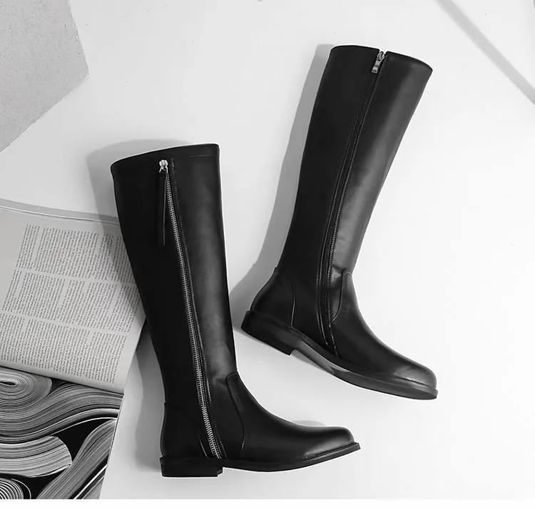 Phoentin/черные кожаные сапоги для верховой езды на молнии; коллекция года; высокие сапоги до колена на плоской подошве; женские сапоги для верховой езды; обувь с круглым носком; FT560