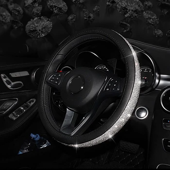 

Decor Steering Wheel Cover 1pc Protector Auto Black Leather+Rhinestone