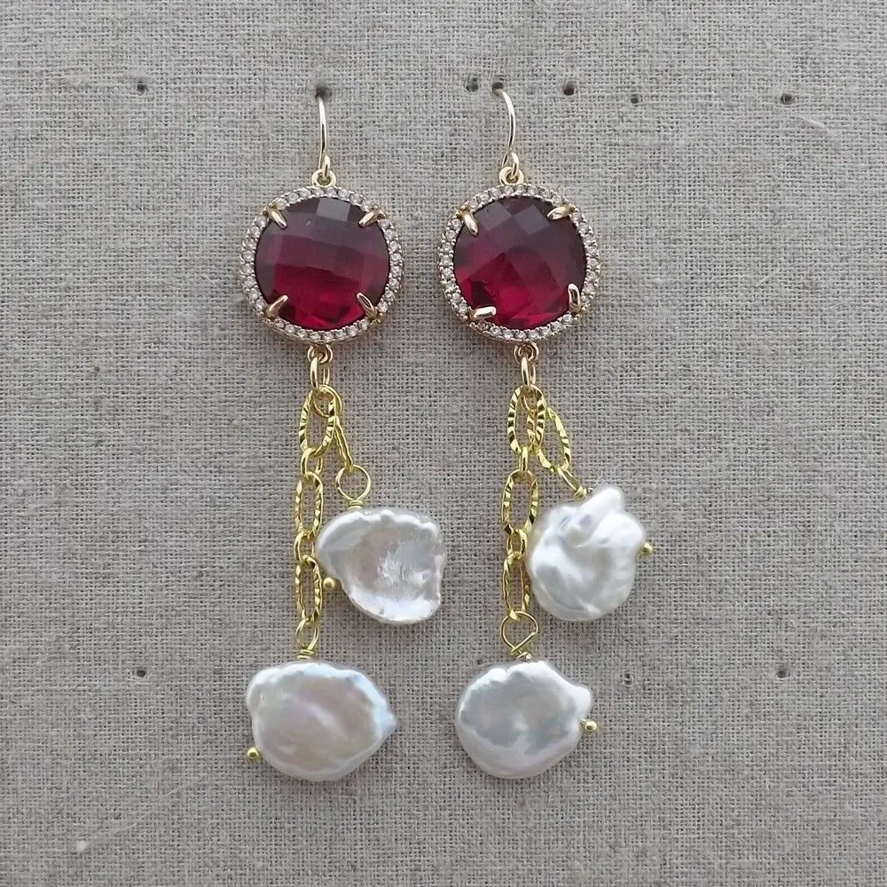 

K112411 Keshi Pearl Red Crystal Earrings
