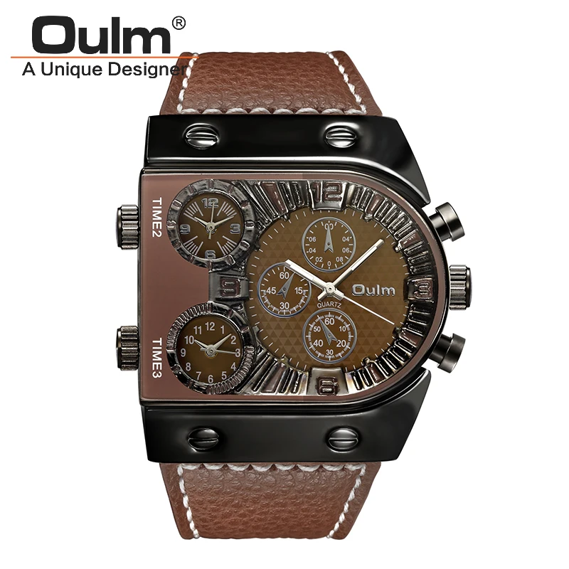 

Factory Men watch for OULM Brand Fashion men watch brand wristwatch Alloy case big dial quartz watch round PU strap black watch