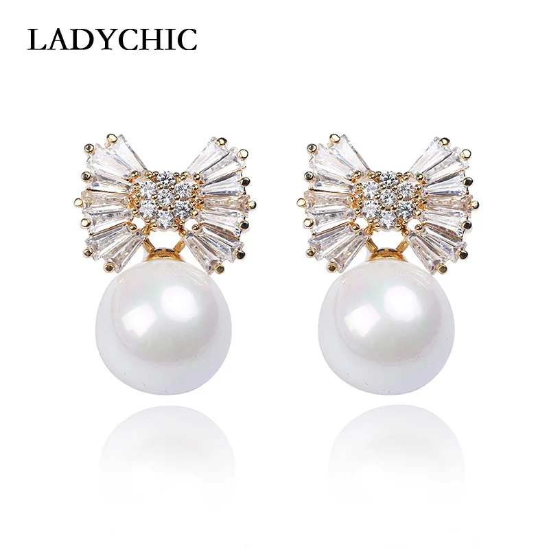 Женские серьги с пресноводным жемчугом LADYCHIC золотистые и Серебристые бантом