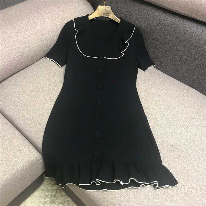 

Luxury Designer Brand Dress for Women Turn-down Collar Ruffles Knitted Mini Dress Black White