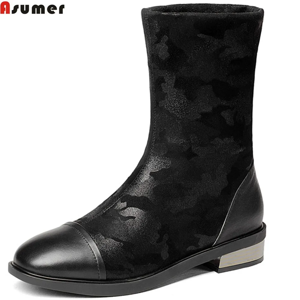 

ASUMER fashion round toe women boots med heel genuine leather+stretch fabric ladies boots square heel cow leather ankle boots