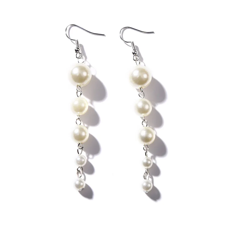 

5 Different Sizes White Simulated Pearl Beads Chain Women Long Dangle Earrings Drop Earrings