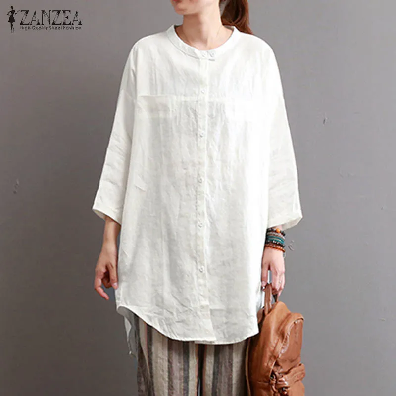 

2019 Plus Size Women Autumn Crew Neck 3/4 Sleeve Buttons Down Pockets Irregular Hem Blouse Loose Solid Cotton Linen Shirt Blusas