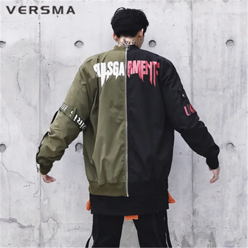 

VERSMA 2018 Korean Harajuku Ulzzang Ribbon Patchwork Men Jacket Coat Autumn High Street Hip Hop Army Pilot MA1 Bomber Jacket Men