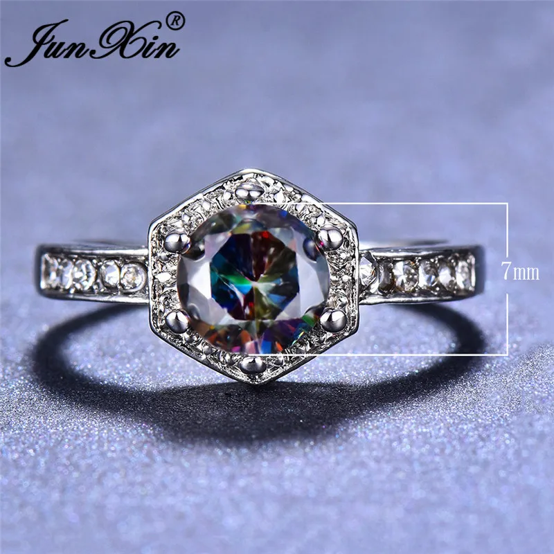 JUNXIN Mystic Fire Hexagon Rings For Women 925 Silver Filled Rainbow Birthstone Thin Ring Female Crystal Wedding Bands Boho Ring
