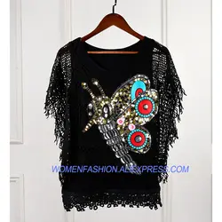 Стильный дизайн блузка Топы Для женщин стрекоза блестками бисером кружевная блузка