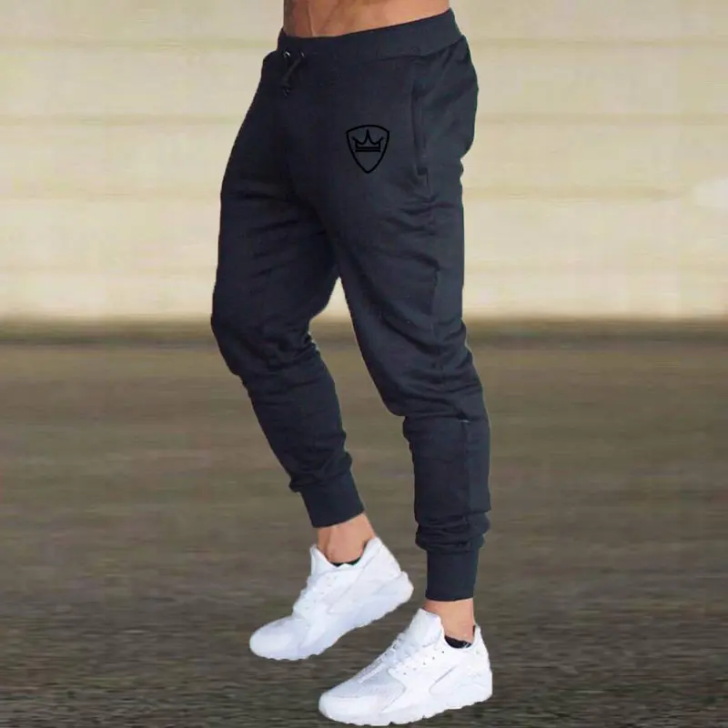 Спортивные Брендовые брюки для пробежек, мужские однотонные спортивные штаны для тренировок в тренажерном зале, спортивные брюки для бега, мужские брюки для пробежки, спортивные штаны - Цвет: Dark blue logo black