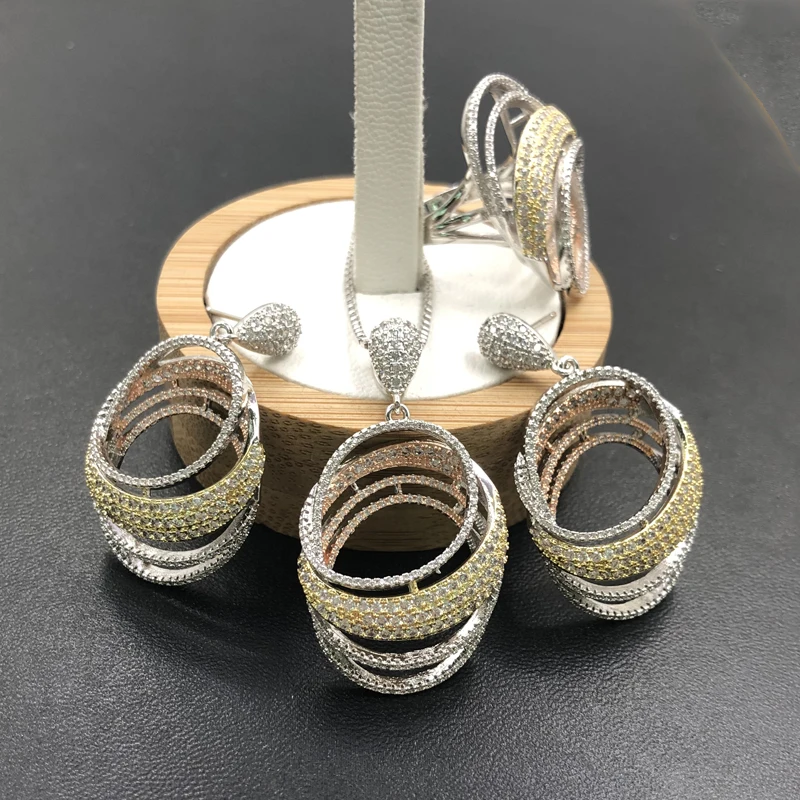 Lanyika комплект ювелирных изделий Стильный Простой круг циркон микро проложили ожерелье с серьгами и кольцом юбилей Роскошные Лучшие подарки
