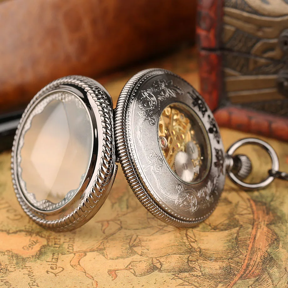 Vintage Sliver Case Hand Winding Mechanical Steampunk Gold Skeleton Rome Number Poket Watch Momen Crude Chain Clock Luxury Gift  (11)