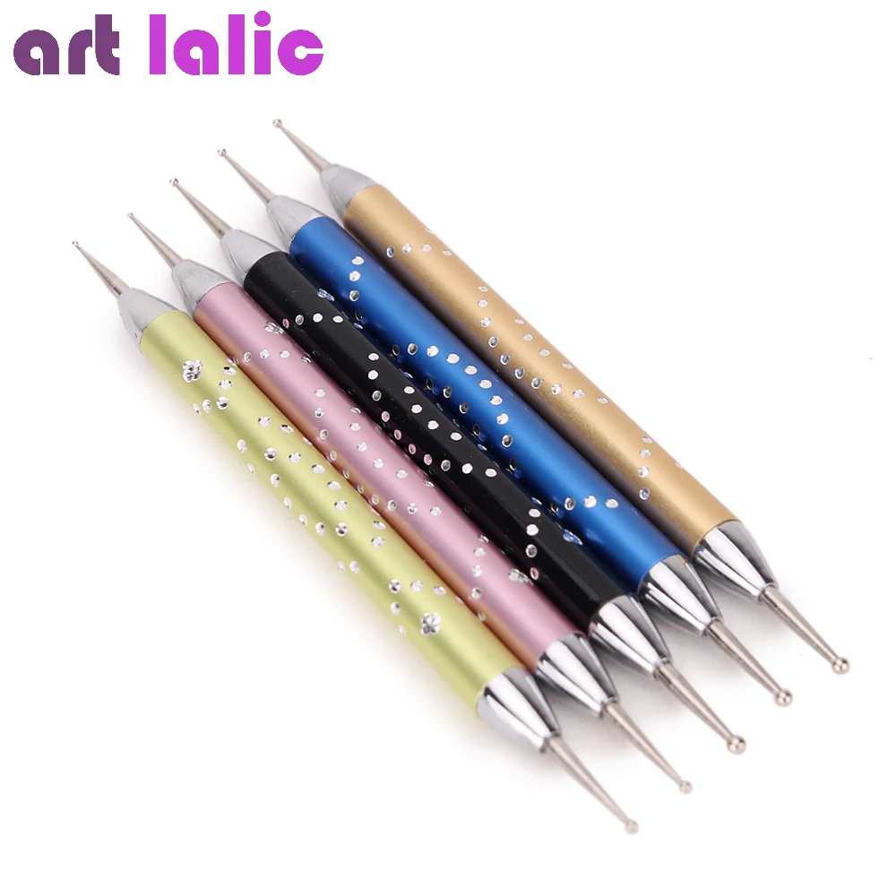 Nail Art Rhinestone Dotting Pen Dual-ended Metal Gems Picker Marbleizing Nail Tips Design Tool 5Pcs