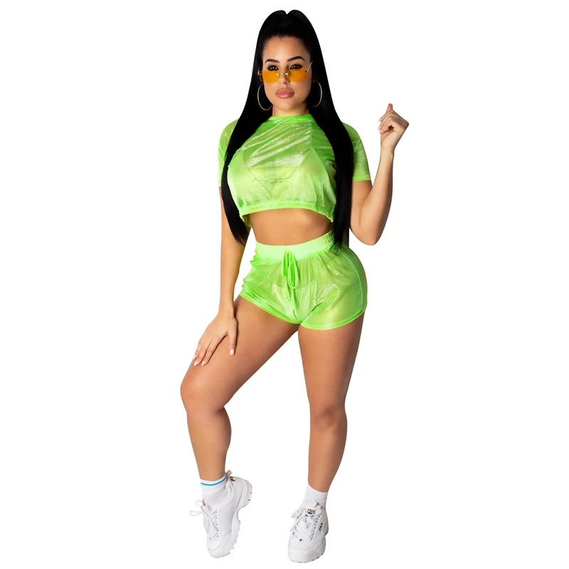 

Neon Green Mesh Sexy Two Piece Set Women Sheer Crop Top Casual Shorts Set Sweat Suit Club Party Women 2pcs Outfit Set Tracksuit