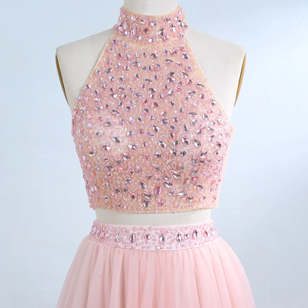 BeryLove розовый Двойка вечернее платье с высоким воротником украшенное бусинами длинное фатиновое торжественное платья в пол, со стразами из бисера нарядные платья для девочек