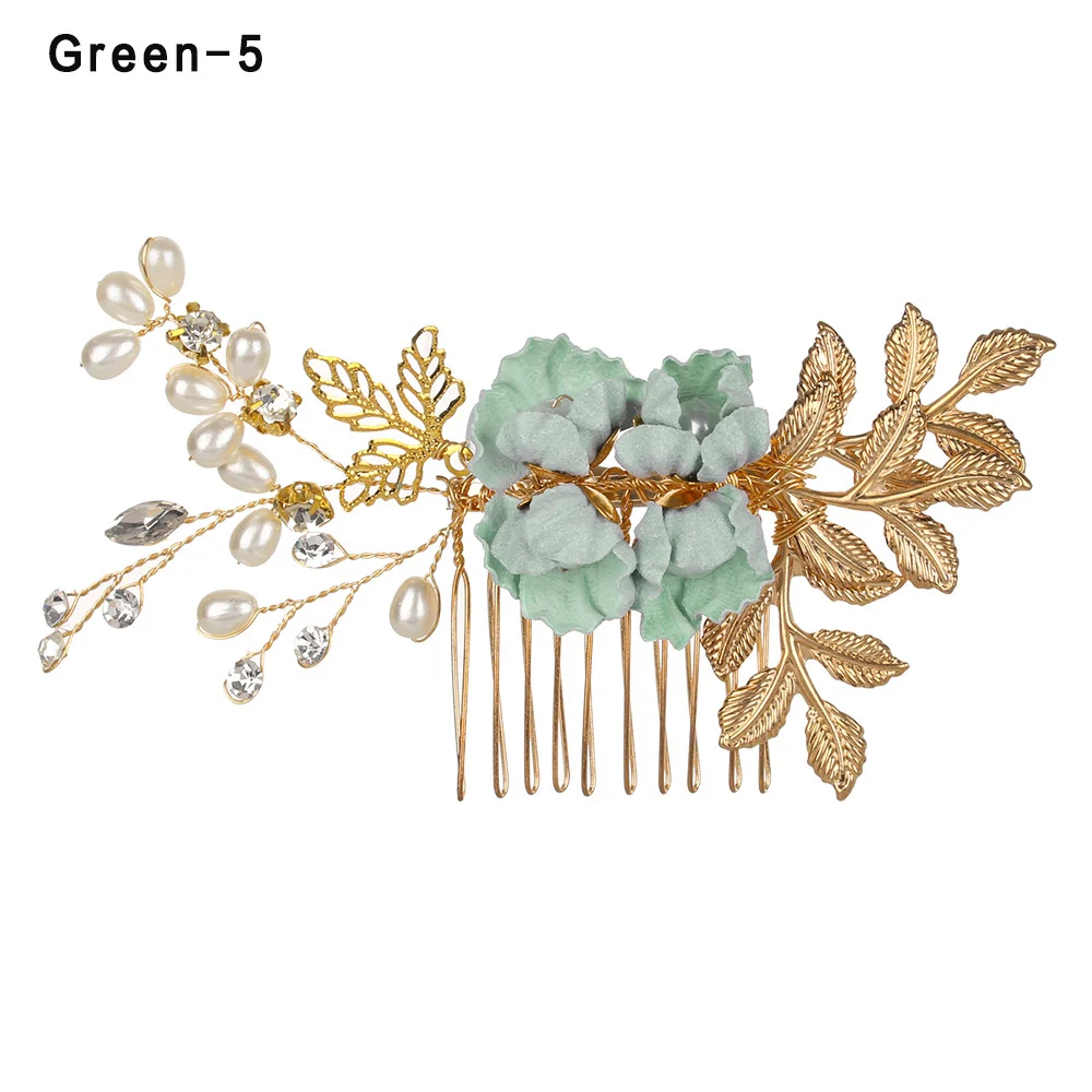 Luxury Blue Flower Hair Combs Headdress Prom Bridal Wedding Hair Accessories Gold Leaves Hair Jewelry Hair Pins - Окраска металла: green5