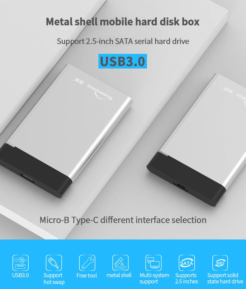 2.5'' hdd enclosure sata external hard disk case USB micro B 3.0Type C 3.1 hard disco aluminum cover case for 7mm9.5mm hdd ssd (1)