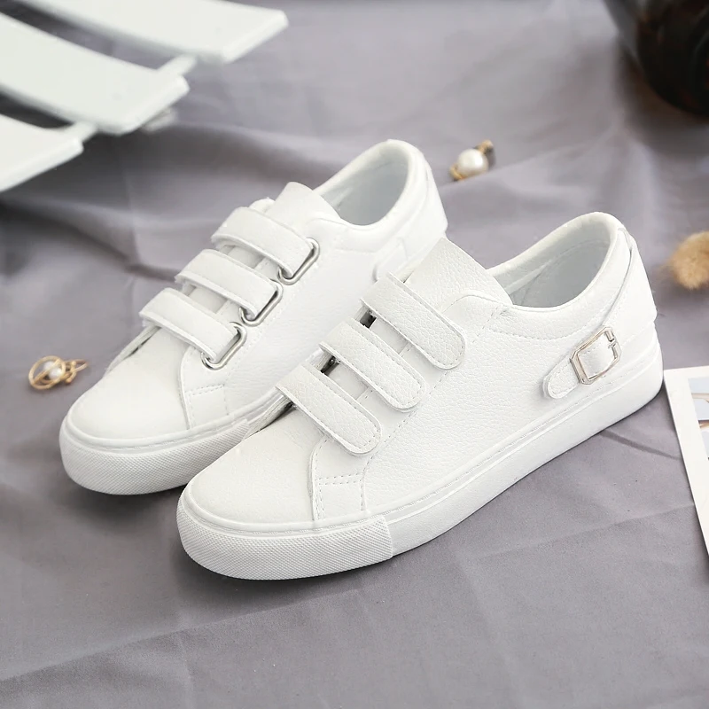 

Women White Sneakers Hook Loop Solid Color Artificial Leather Casual Shoes Female Vulcanized Shoes Girl Chic Sneakers Size 35-40