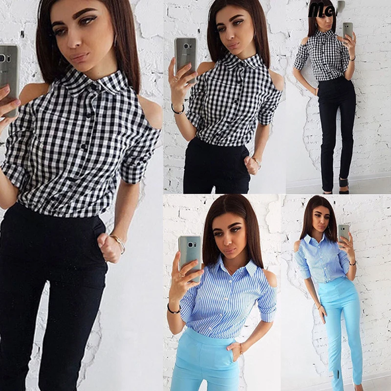 

Fashion Women Checkered Plaid Tops And Blouse Off Shoulder Long Sleeve Shirt Slim Button Blouse Autumn Clothing