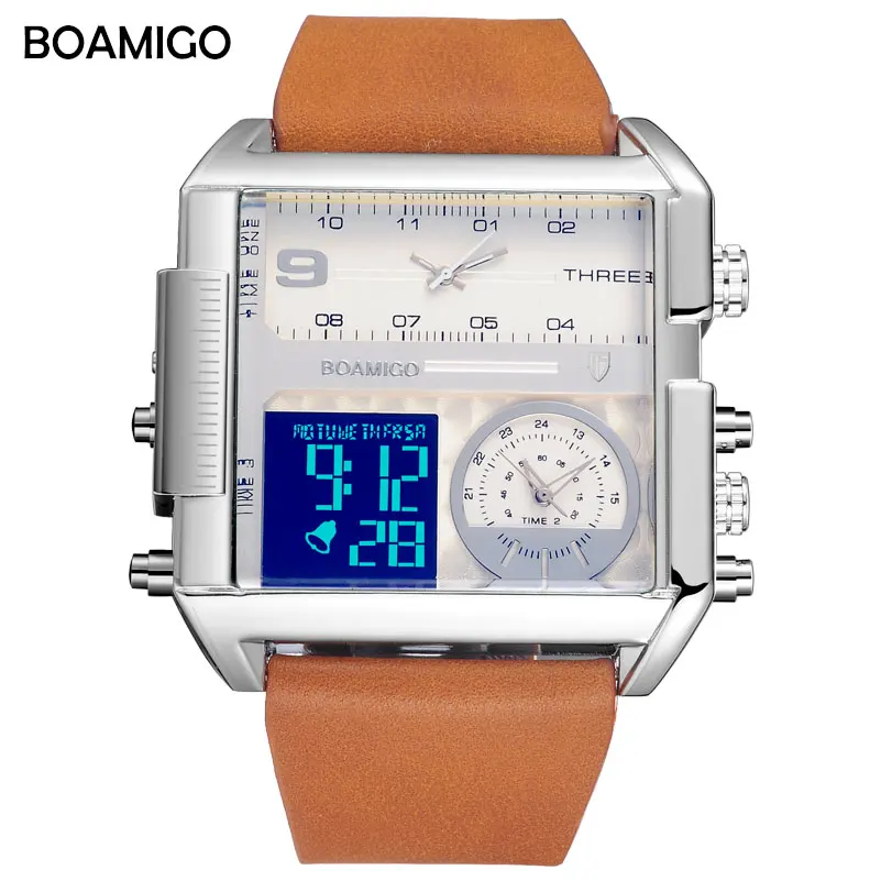 men 3 time zone watches BOAMIGO brand man sports digital analog watches leather rectangle wristwatches waterproof gift clock