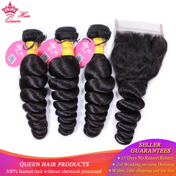 Queen Hair Products Peruvian Loose Wave Raw Hair Bundles With Closure Natural Color Bundles Virgin Human Hair with Lace Closure