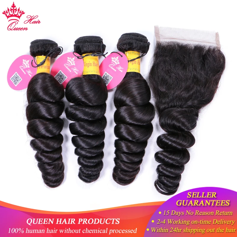 Queen Hair Products Peruvian Loose Wave Human Hair Bundles With Closure