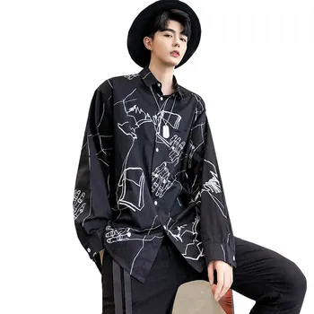 

Male Dancing Clothes Black White Shirts Graffiti Shirt Men Streetwear Hip Hop Fashion Casual Long Sleeve Shirts