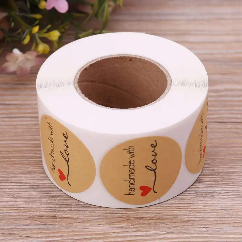 

500pcs 1.5 Inch Roll Handmade With Love Kraft Paper Adhesive Label Seal Sticker Packing Tags Gift Baking Scrapbook Wedding Party