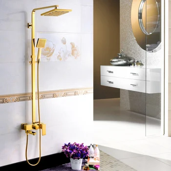 

Quality 8" Square Rainfall Shower Column Golden Wall Mount Bath and Shower Complete Set Single Handle + Handshower