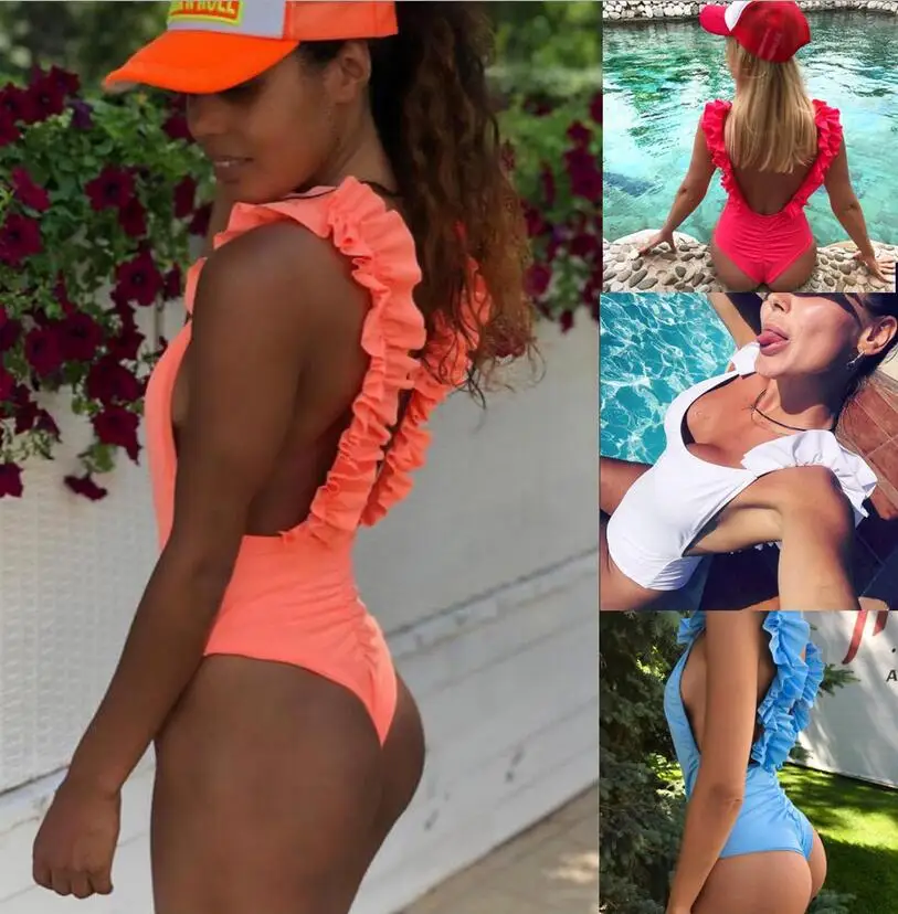 

Sexy Ruffle One Piece Swimsuit Women Swimwear solid Bodysuit Summer Beach Wear Bathing Suit Swim Suit Monokini