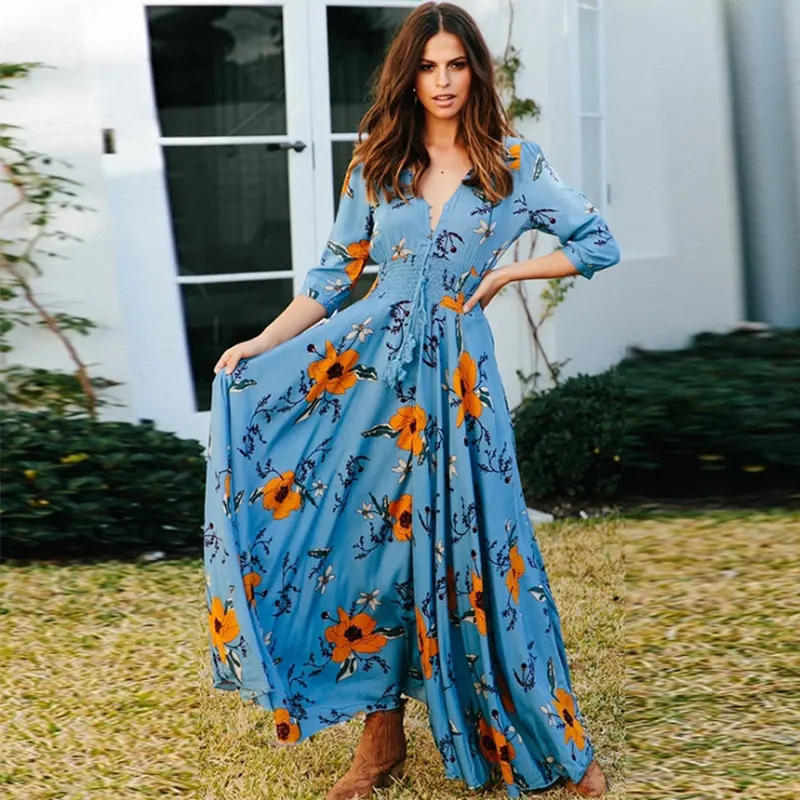 

Bohemian Print Three Quarter Sleeve Chiffon Long Dress Women 2019 Spring V-Neck Button Elastic Waist Tie Bow Big Hem Party Dress