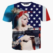 USA flag printed men’s 3d t-shirt funny digital printing sexy Girl holding gun short sleeve t shirt summer tops
