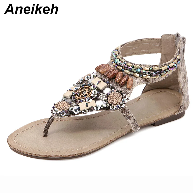 Aneikeh/ г.; Летняя обувь; женские босоножки в богемном стиле, Украшенные бусинами и кристаллами; женские Вьетнамки с подвеской из бисера; пляжная обувь; Размеры 35-40