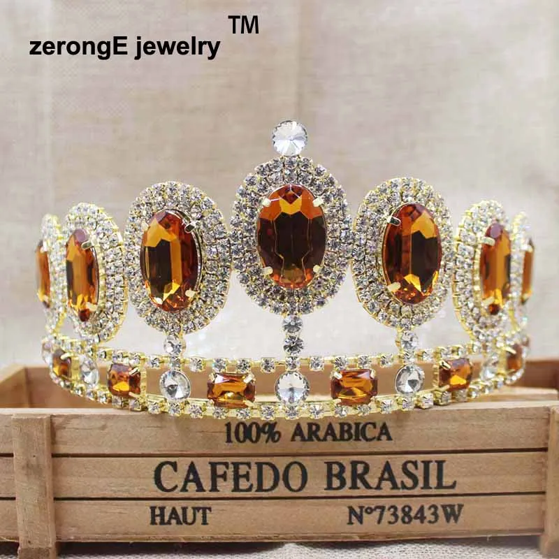 

zerongE jewelry Baroque Gold brown Color Crystal Bridal Tiaras Wedding Hair Accessories Vintage Rhinestone Pageant Prom Crown