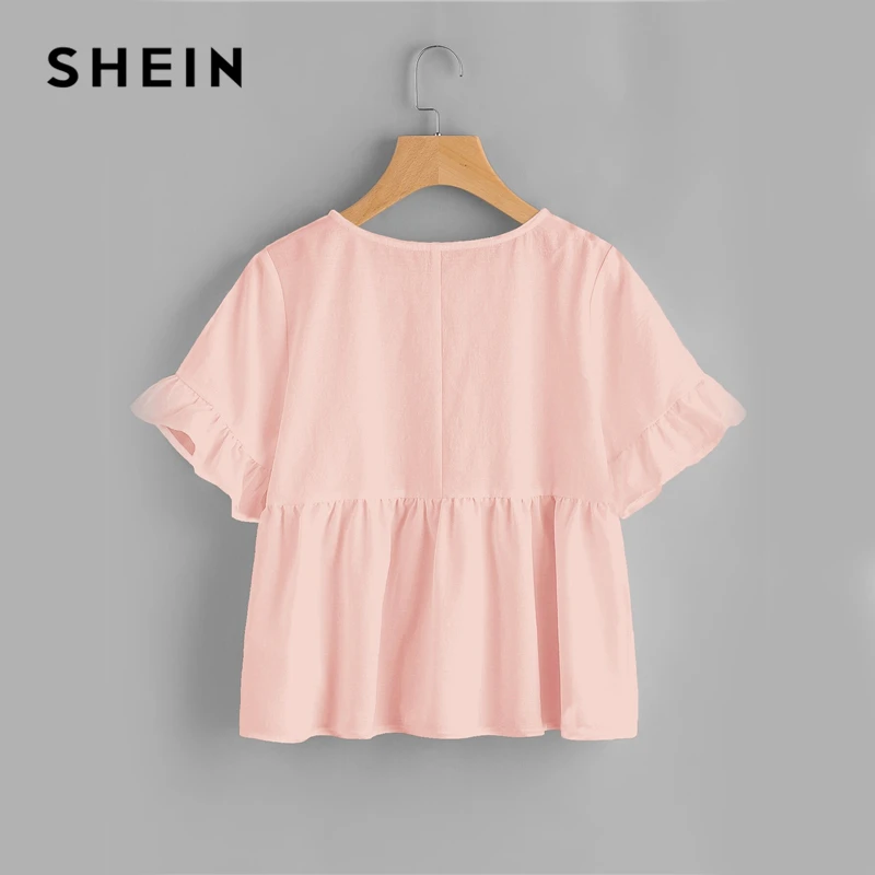 SHEIN, милый розовый топ с манжетами и рюшами, женская блузка, расклешенный подол, круглый вырез, короткий рукав, летние свободные женские топы и блузки