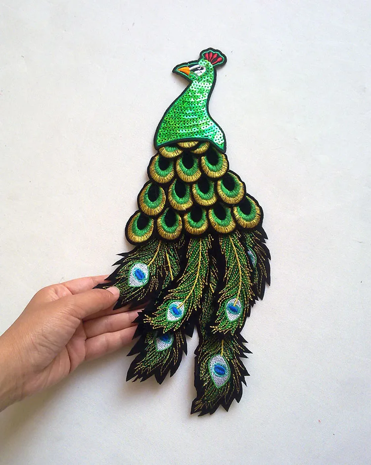16*36 см 3D зеленый с блестками Павлин или перо феникса вышитая нашивка-аппликация без клея для одежды DIY