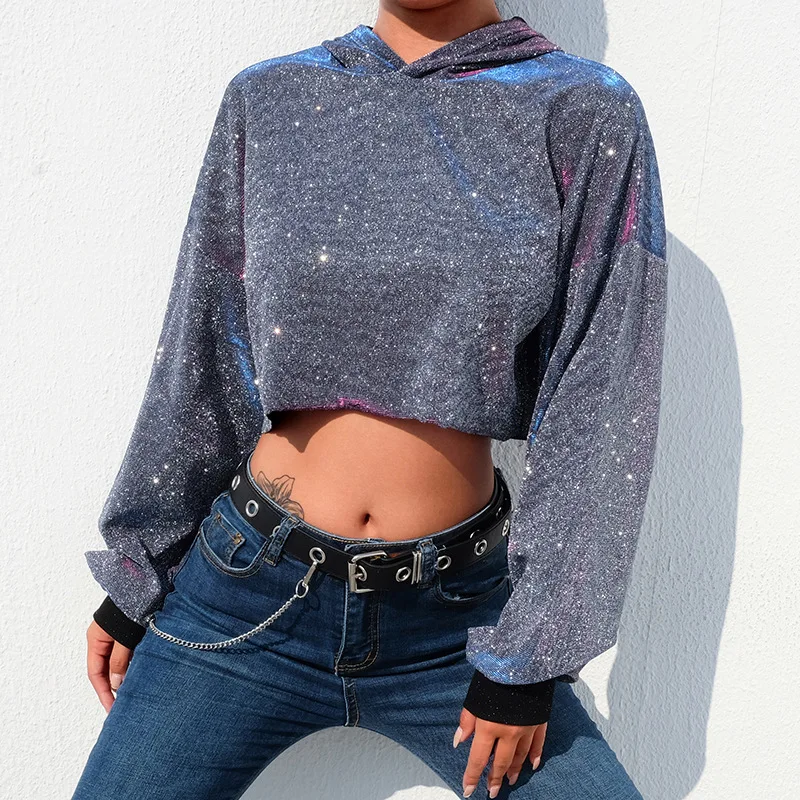 

YYXZ Western Style Fashion Loose Patchwork Shiner Thin Fabric Long Sleeve SML Woman Casual Short Sweatshirts Crop Hoodie Silver