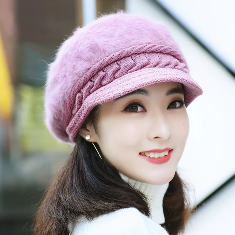 Большие бархатные шерстяные шапки козырьки для женщин, зима, новые корейские зимние утолщенные теплые вязаные шапки с цветочным узором, женские шапки - Цвет: light purple