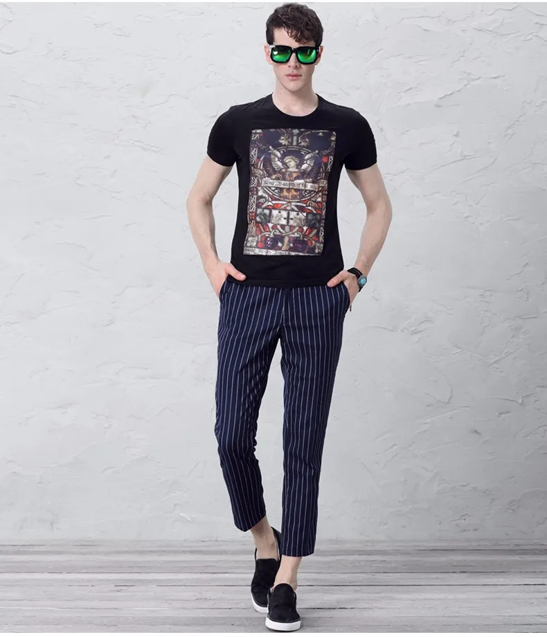 Высококачественные мужские брюки до щиколотки тонкие полосатые тонкие летние весенние костюмы повседневные мужские в английском стиле Большие размеры черный, синий