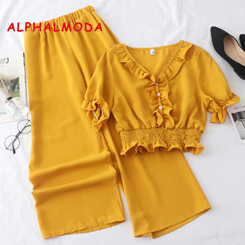 

ALPHALMODA 2019 Summer Women's Casual Chiffon Short Blouse + High Waist Wide-leg Pants 2pcs Solid Suits Two Piece Set