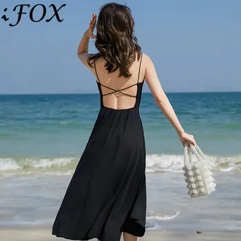 

Romantic V Neck Sleeveless Women Summer Beach Dresses 2019 Sexy Cross Open Back Spaghetti Strap A Line Black Dress Vestidos