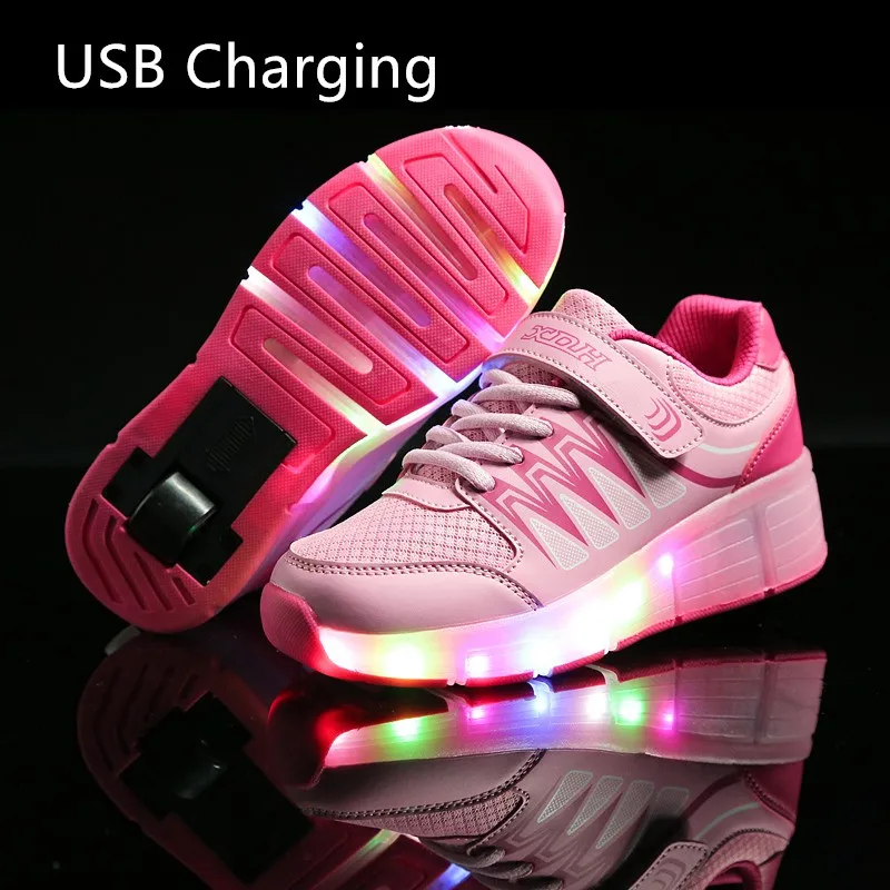 

New Child USB Charging Girls Boys LED Light Roller Skate Shoes For Children Kids Sneakers With Wheels pink Blue